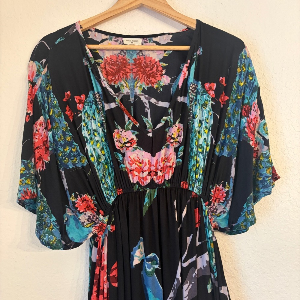World Market Maxi Kaftan Dress S/M Boho Peacock Floral Coverup Resort Vacation - Picture 2 of 10